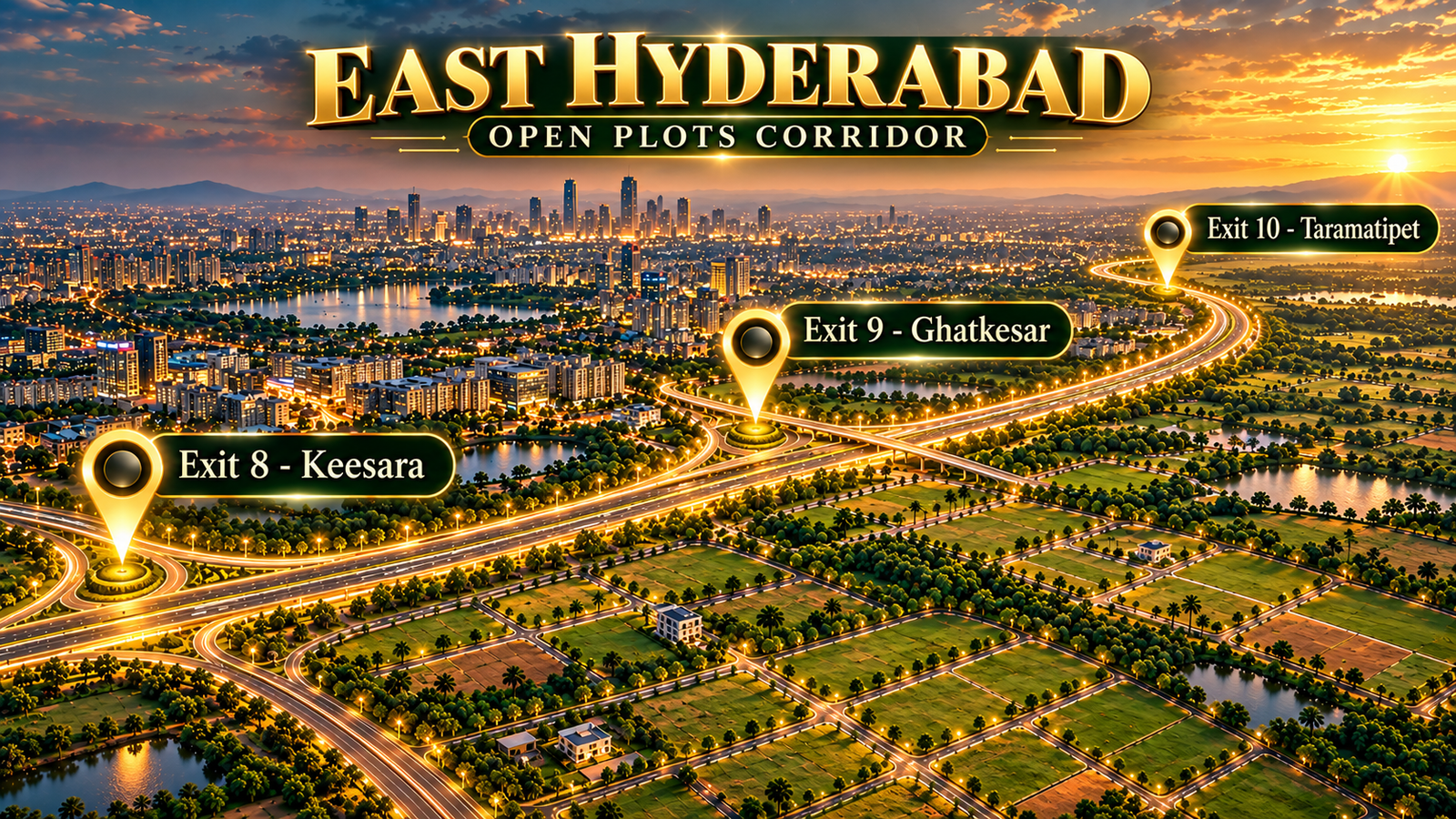 Illustrated East Hyderabad city and open land around ORR Exit 8 Keesara, Exit 9 Ghatkesar and Exit 10 Taramatipet